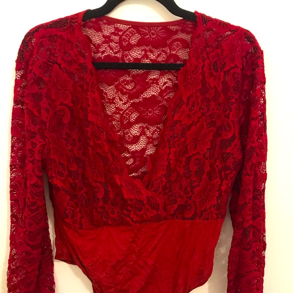 Long sleeve red lace bodysuit